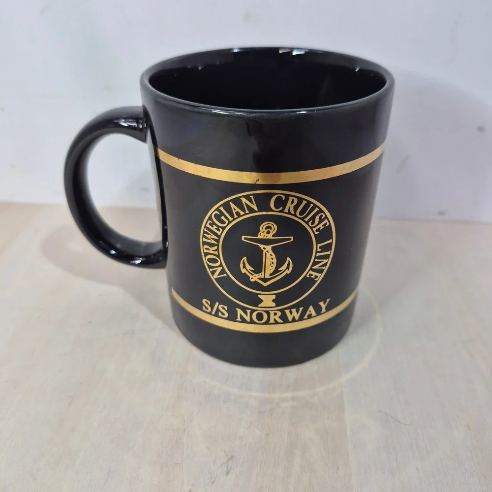 Norwegian Cruise Line S/S Norway Coffee Mug Black Gold Anchor Souvenir Nautical